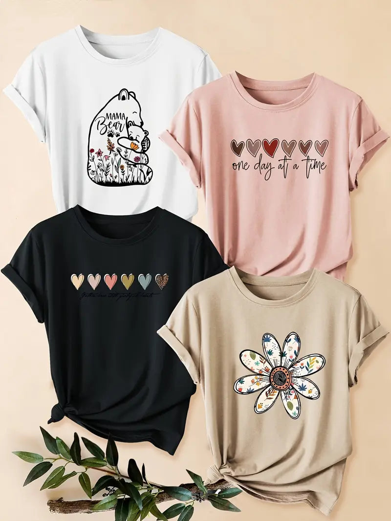 4pcs Women's - Daisy Print T-Shirts