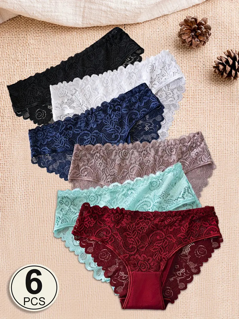 6-Pack Women's Sexy Floral Lace Briefs - Hollow Out Solid Color Panties