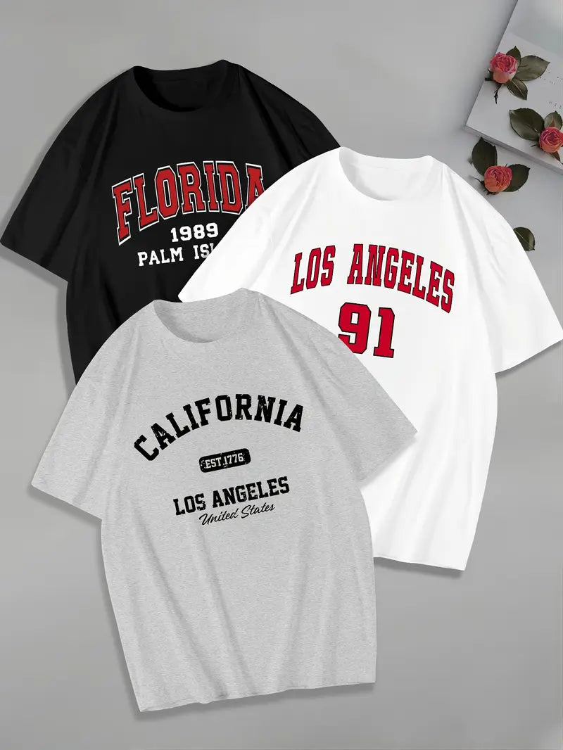 3-Pack Men's College-Style Graphic Tees – Florida, LA & California Print Crewnecks (Black, White, Green)
