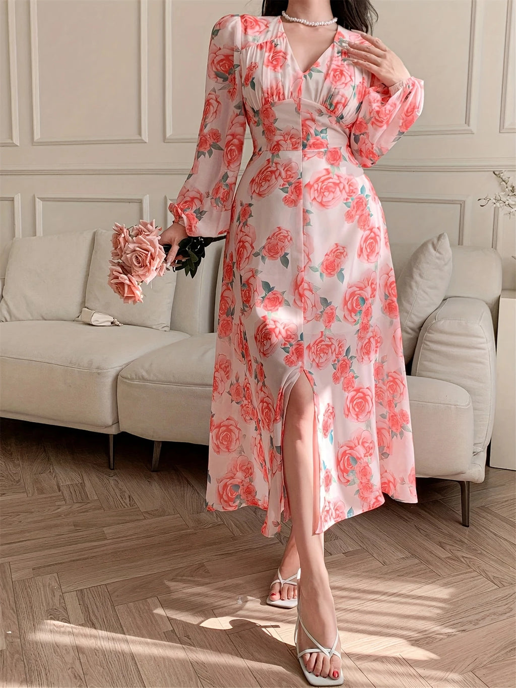 Floral Midi Dress Pink & White Rose Floral V-Neck Midi Dress