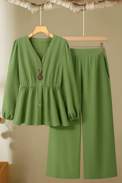 2-Piece Plus Size Casual Set – Solid Long Sleeve Top and Pants