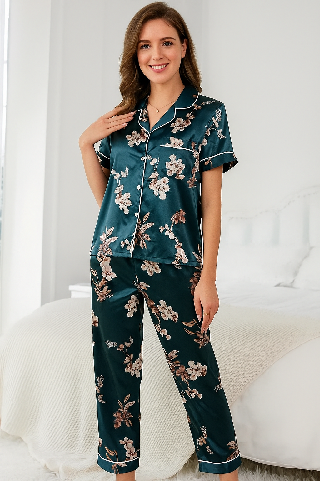 Women's Navy Floral Satin Pajamas - Soft, True-to-Size Fit & All-Season Wear