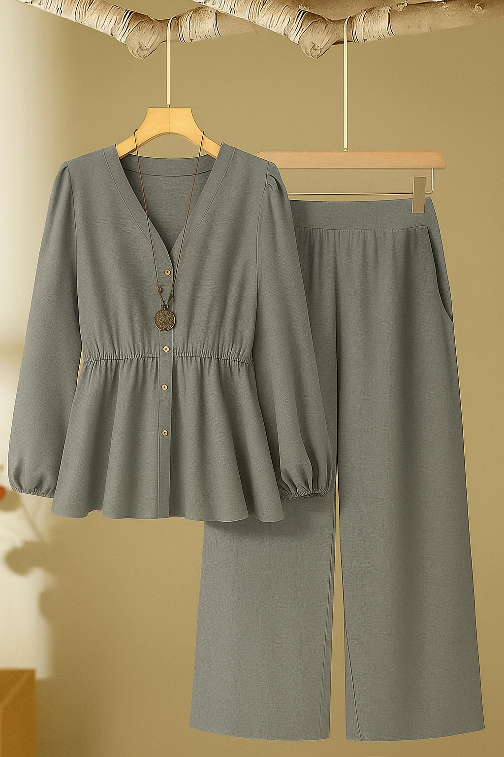 2-Piece Plus Size Casual Set – Solid Long Sleeve Top and Pants