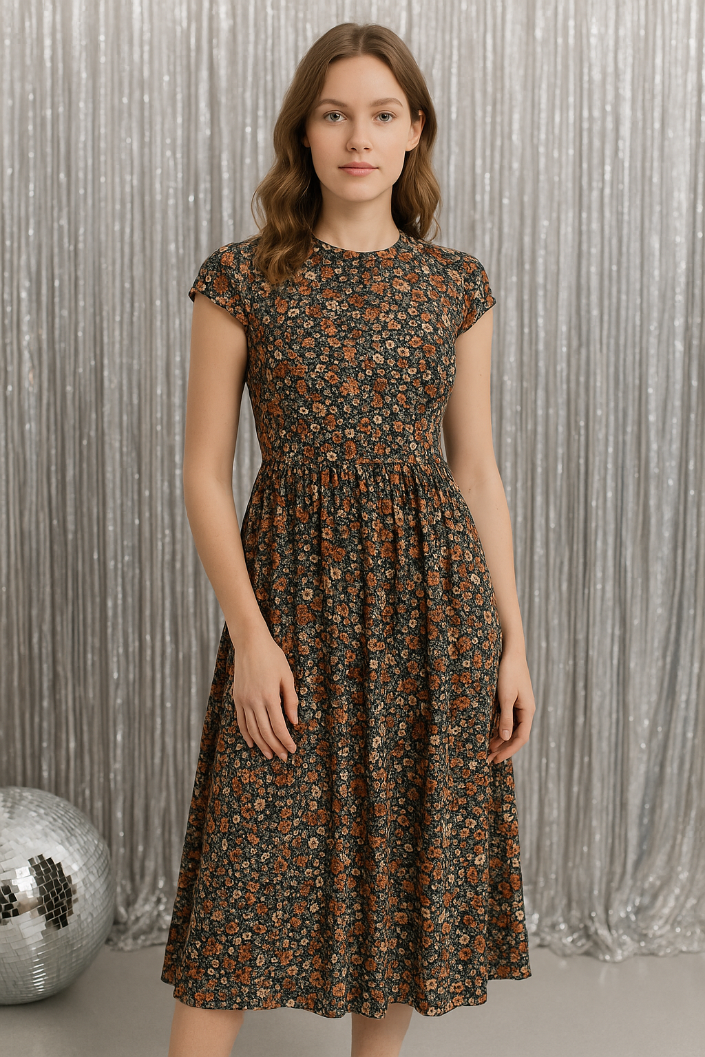 Sunlit Grace – Elegant Floral Woven Midi Dress