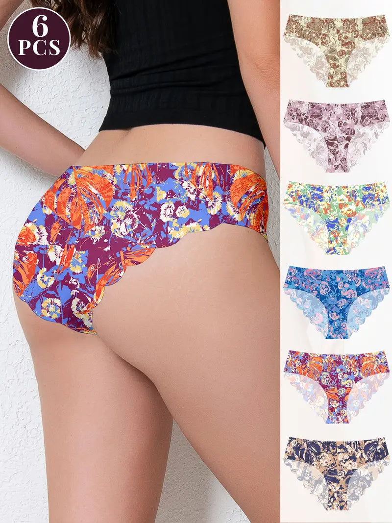 6-Pack Seamless Scallop Trim Panties: Floral & Solid Briefs