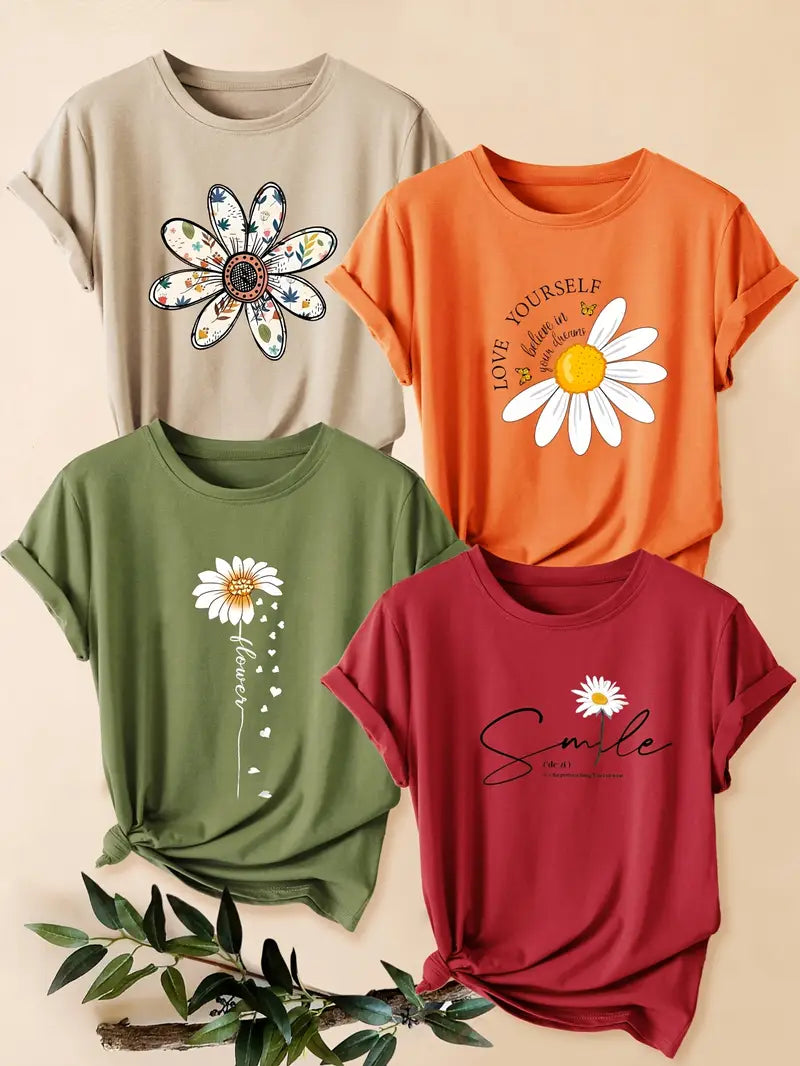 4pcs Women's - Daisy Print T-Shirts