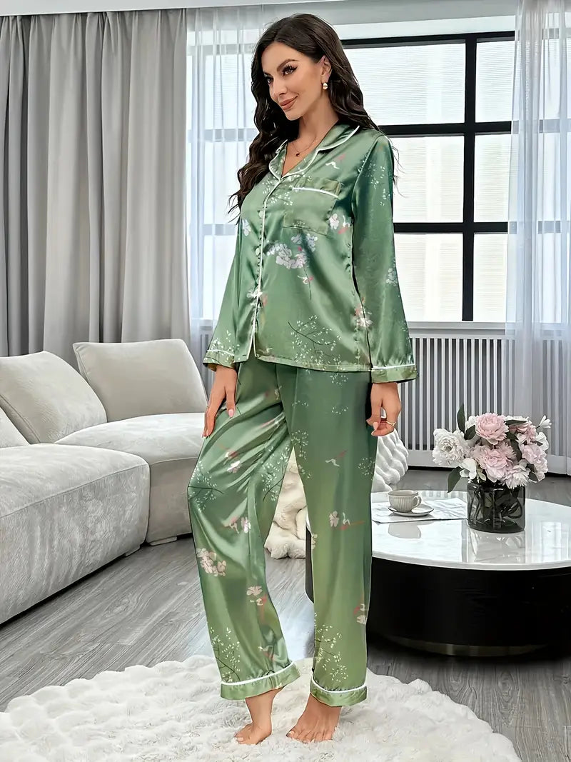 Comfortable Green Floral Satin Pajama Set for Women – All-Season Loungewear
