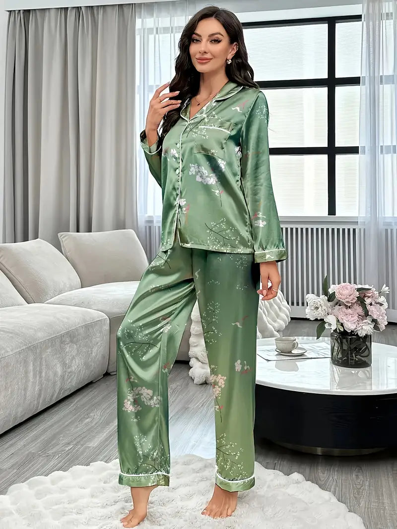 Comfortable Green Floral Satin Pajama Set for Women – All-Season Loungewear