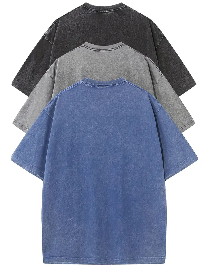 3pcs Men's 100% Cotton 240gsm Vintage Washed Relaxed Fit T-Shirts