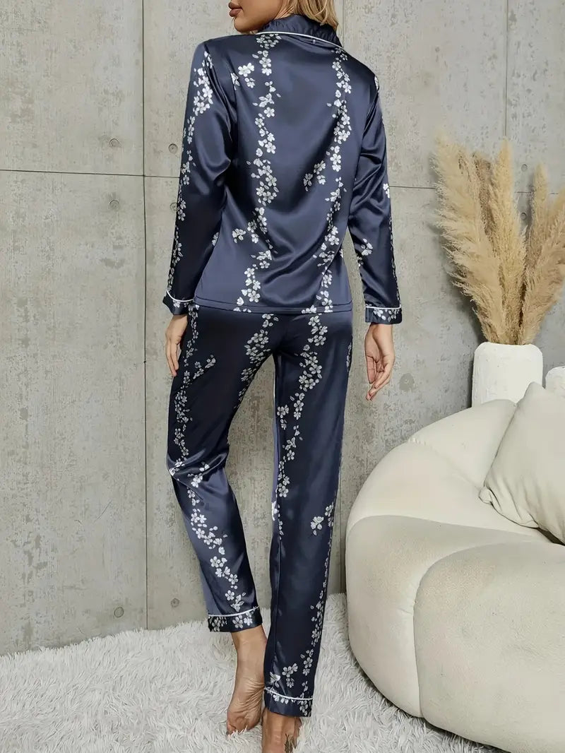 Effortless Elegance: The KRYEON Floral & Geometric Satin Pajama Set