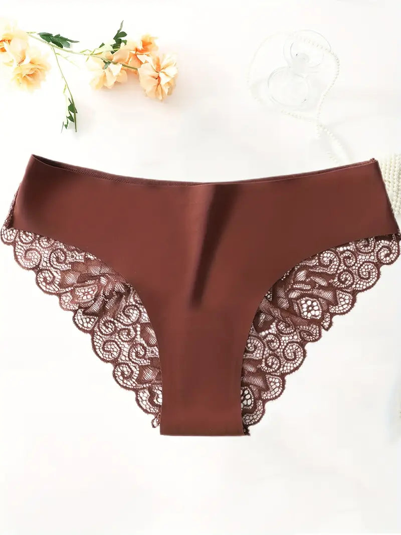 6pcs Women’s Lace Hipster Panties – Soft and Solid Colors with Contrast Lace