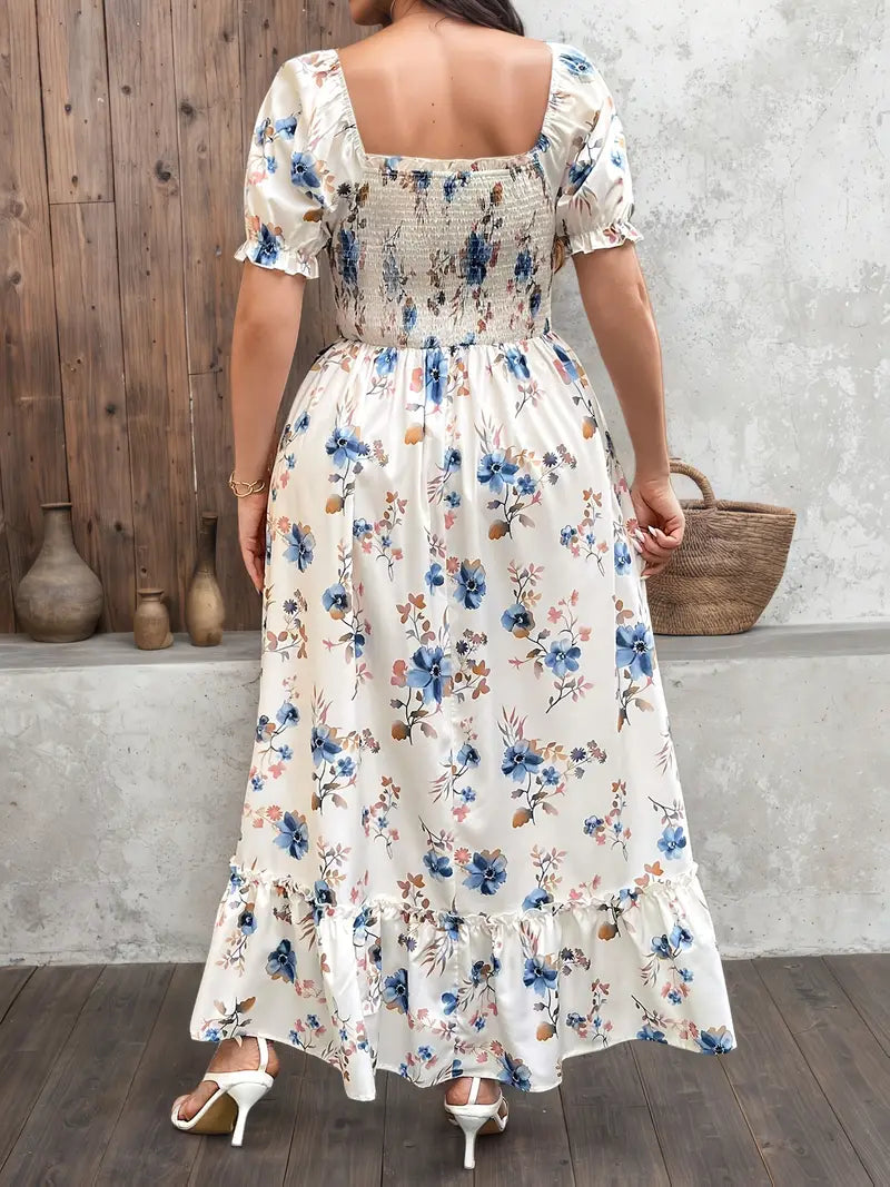 Floral Puff Sleeve Midi Dress A-Line with Square Neck & Waist Cinch