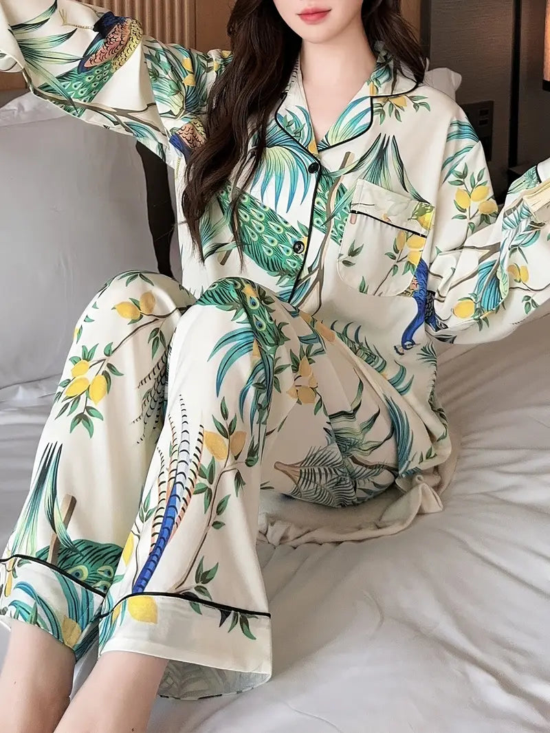 Women's Comfortable Floral & Bird Print Loungewear Set – Long Sleeve & Pants for Spring/Fall