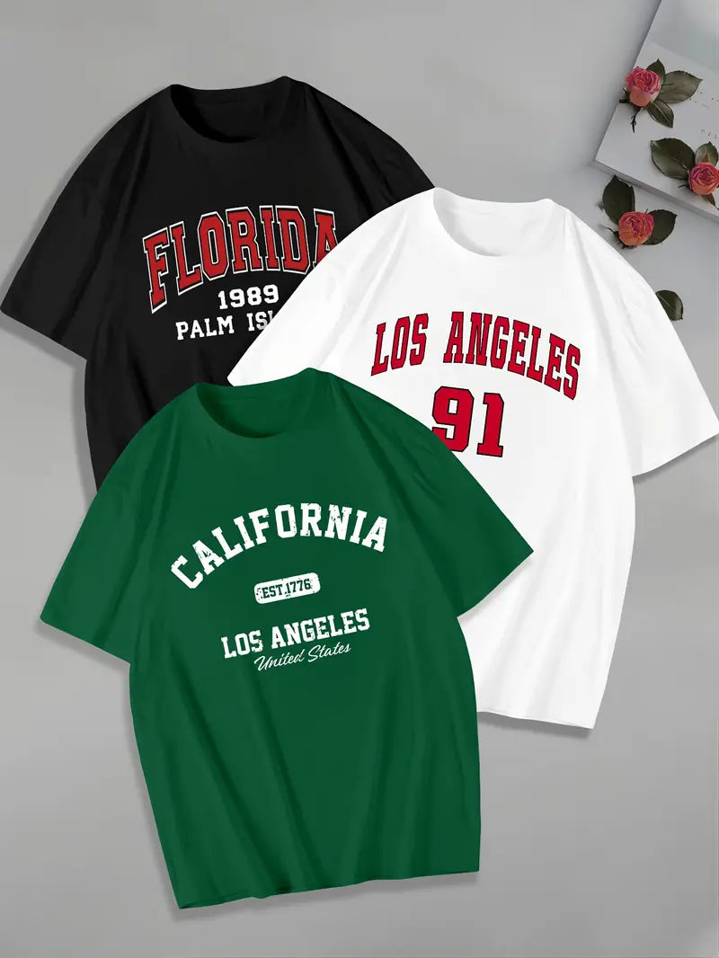 3-Pack Men's College-Style Graphic Tees – Florida, LA & California Print Crewnecks (Black, White, Green)