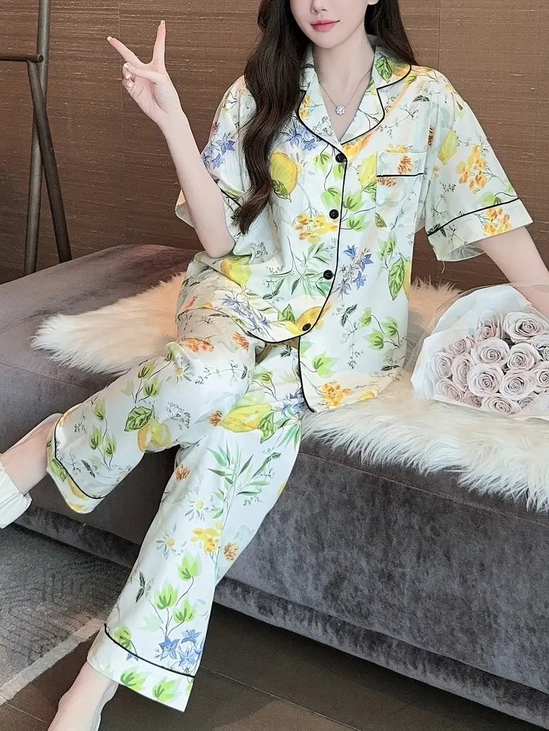Women's Lightweight Floral Pajama Set - Comfortable Short Sleeve Top & Long Pants for Summer