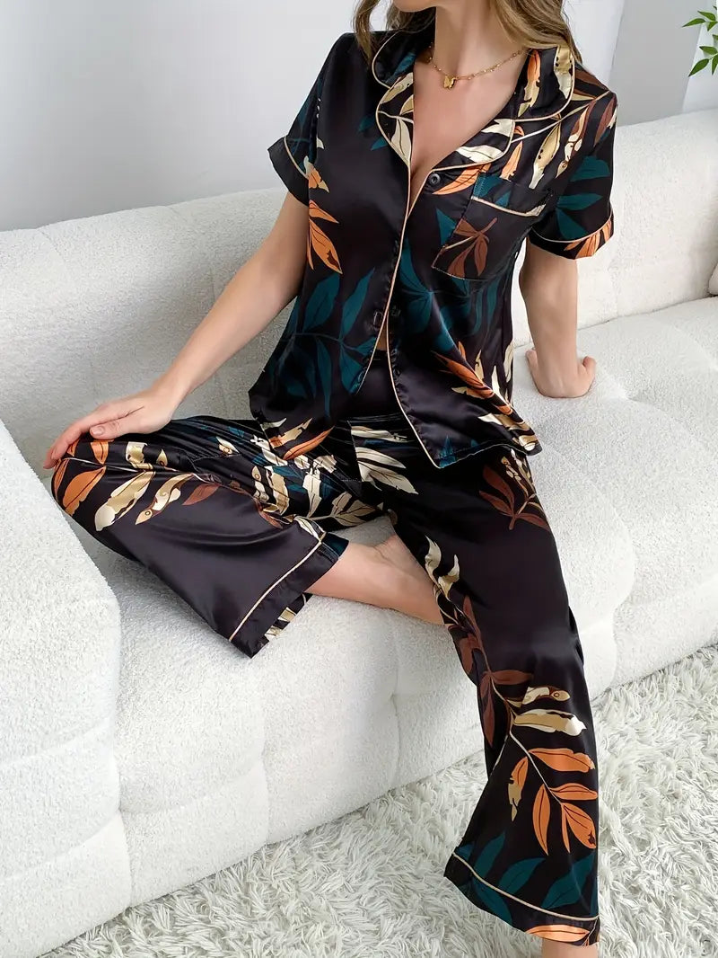 Women's Black Satin Floral Loungewear Set - Comfortable Short Sleeve Top & Elastic Waist Pants
