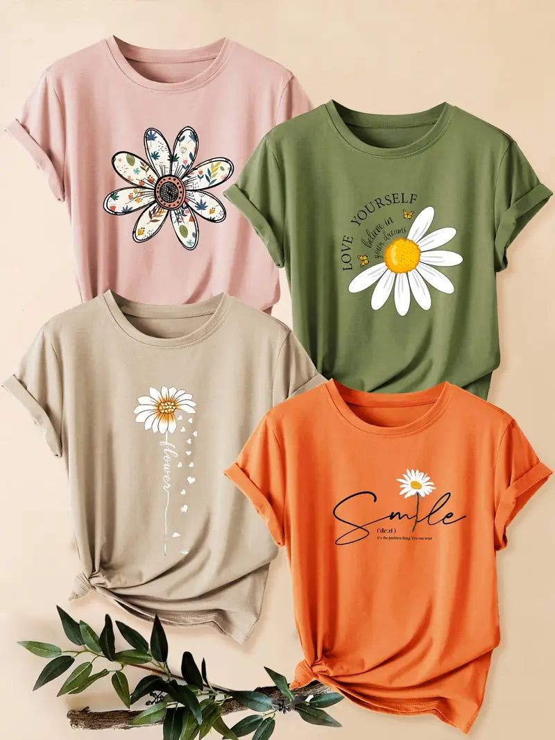4pcs Women's - Daisy Print T-Shirts