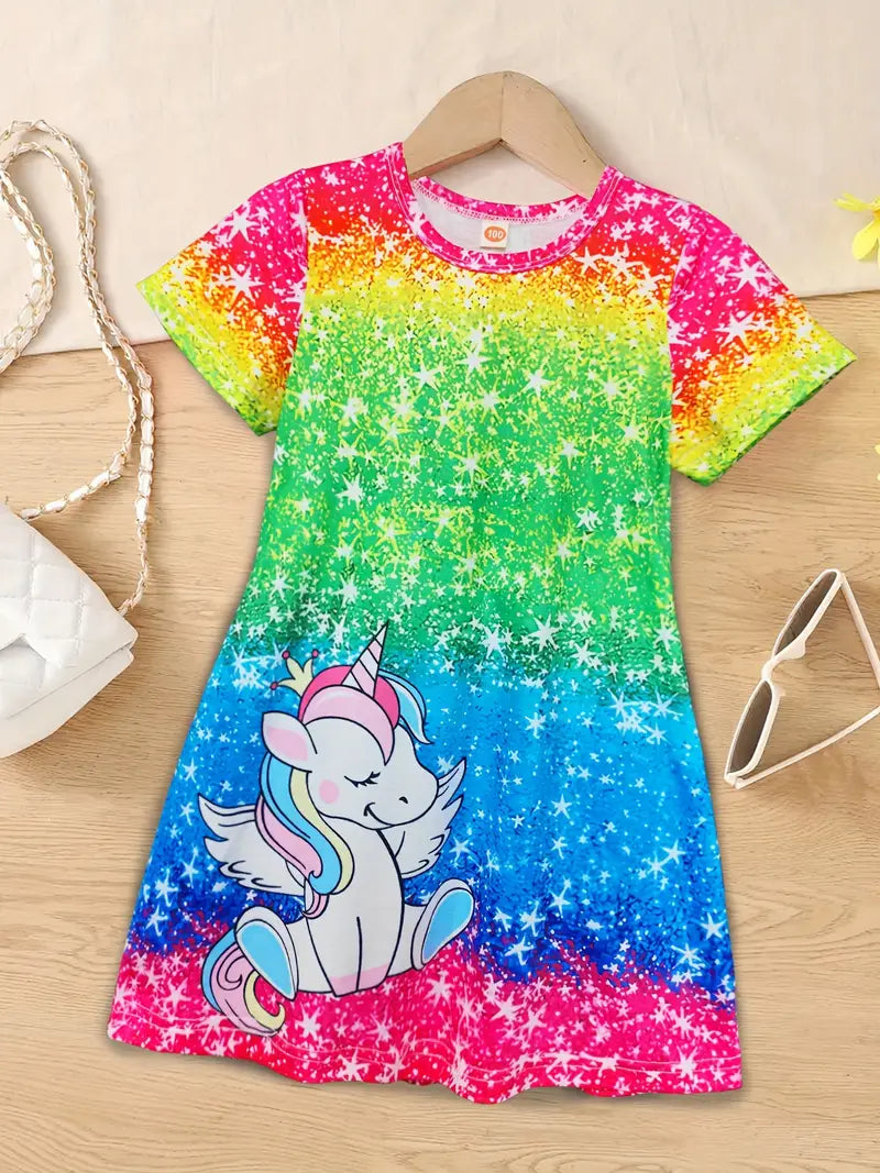 Girls' 4-Pack Novelty Dresses: Unicorn & Butterfly 3D patterns, perfect for summer vacation/casual wear.