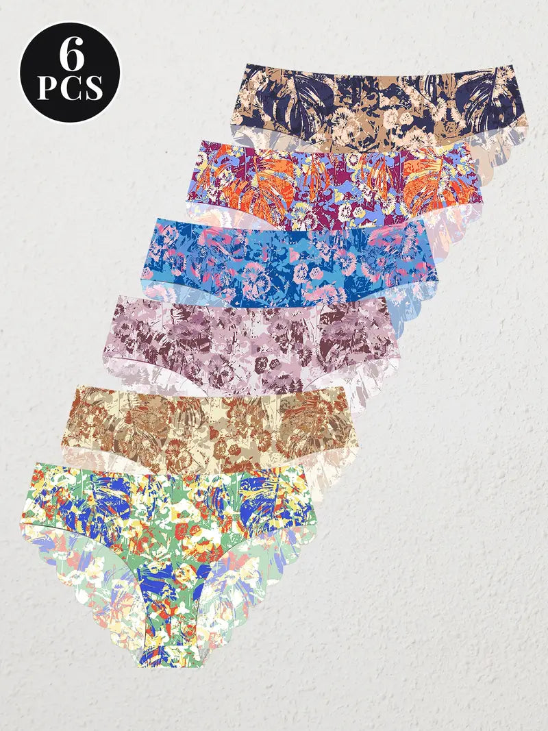 6-Pack Seamless Scallop Trim Panties: Floral & Solid Briefs