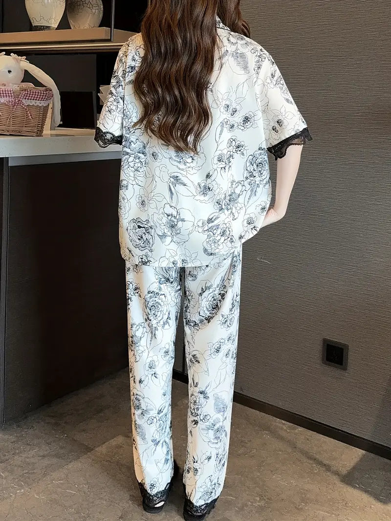 Chic Summer Short-Sleeve Pajama Set for Women - Ink Painting & Lace Trim