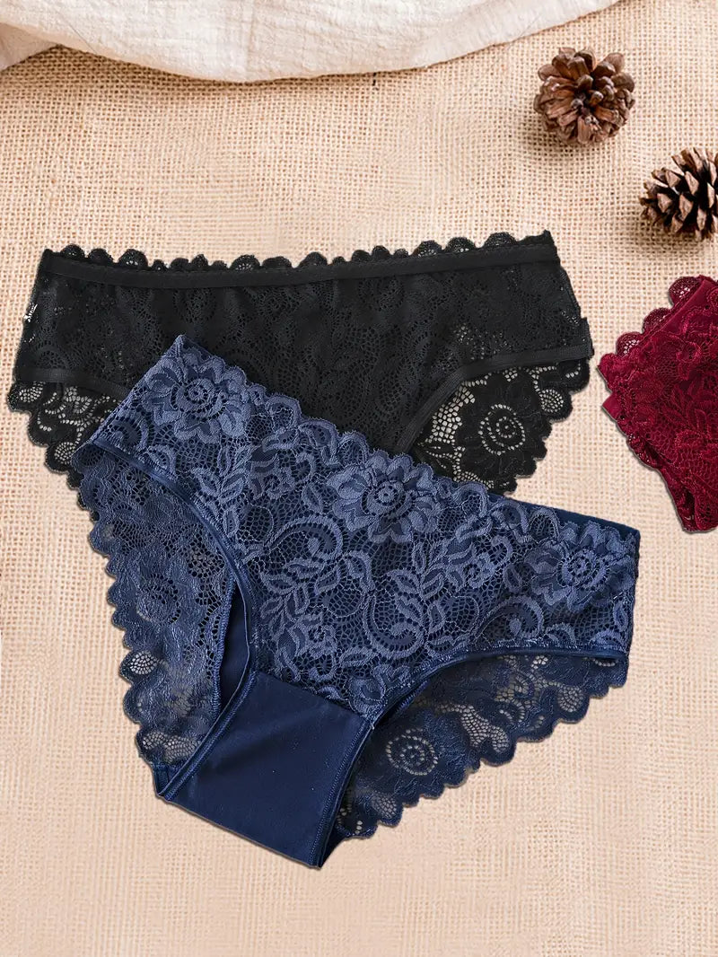 6-Pack Women's Sexy Floral Lace Briefs - Hollow Out Solid Color Panties