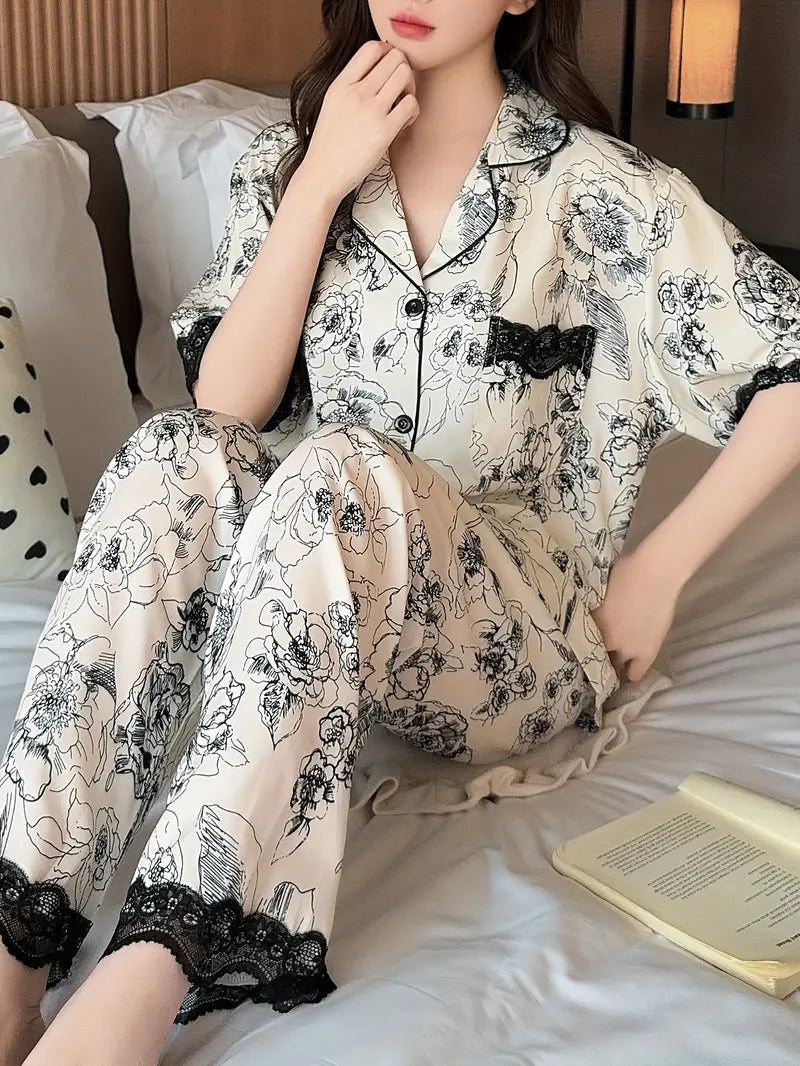 Chic Summer Short-Sleeve Pajama Set for Women - Ink Painting & Lace Trim