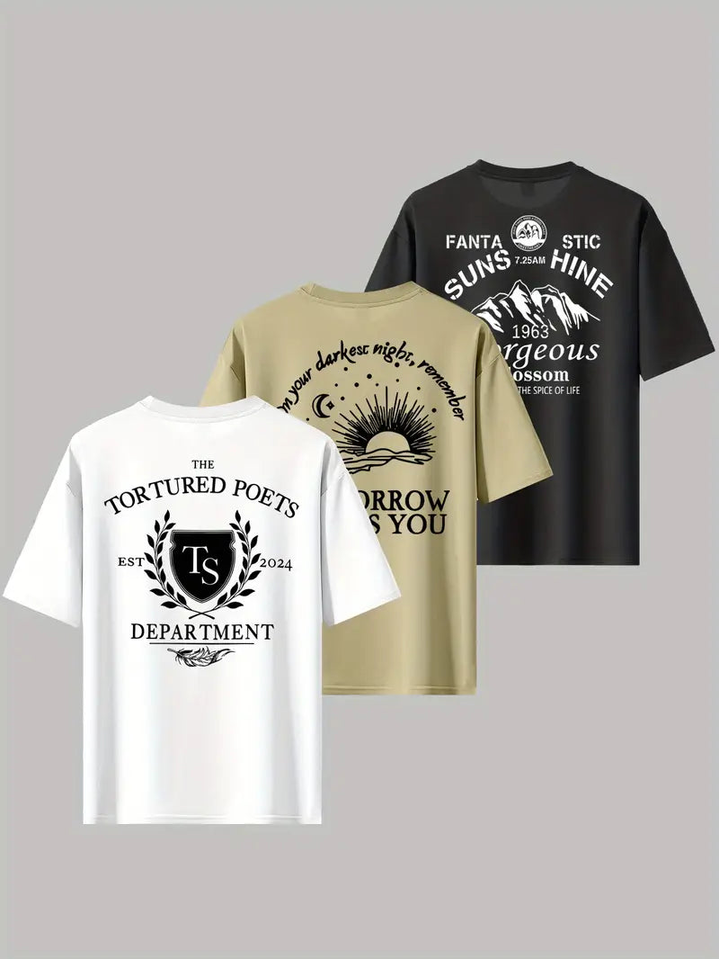 Men’s 3-Pack Graphic T-Shirts – Lightweight trending round neck