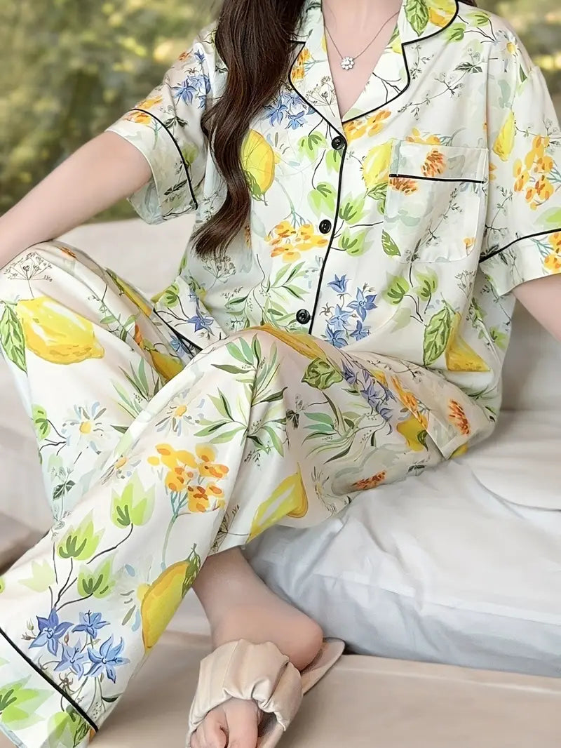 Women's Lightweight Floral Pajama Set - Comfortable Short Sleeve Top & Long Pants for Summer
