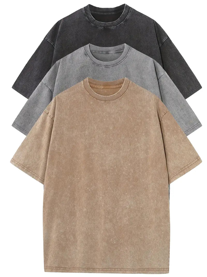 3pcs Men's 100% Cotton 240gsm Vintage Washed Relaxed Fit T-Shirts