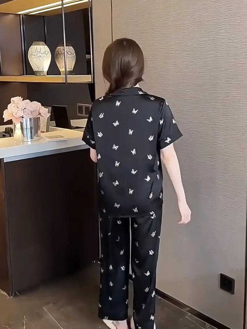 Women's French-Style Butterfly Print Fall Pajama Set - Short Sleeve Top & Long Pants