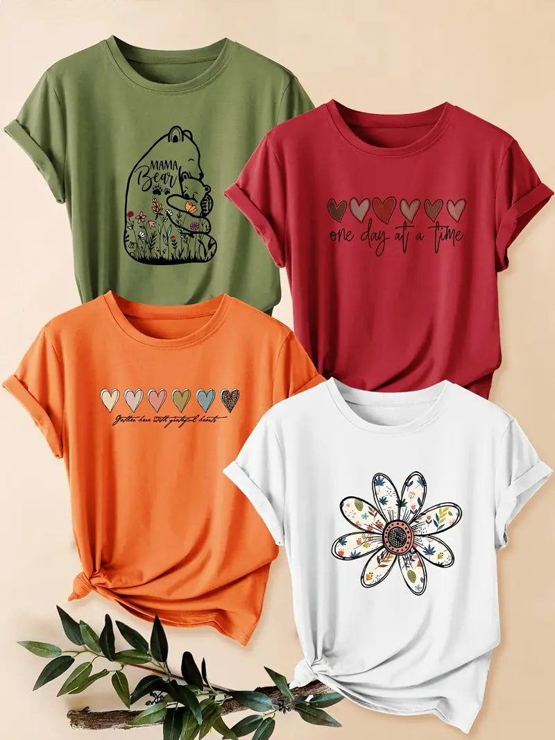 4pcs Women's - Daisy Print T-Shirts