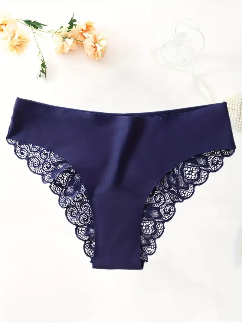 6pcs Women’s Lace Hipster Panties – Soft and Solid Colors with Contrast Lace