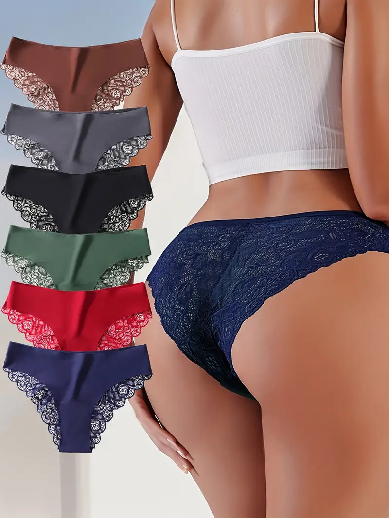 6pcs Women’s Lace Hipster Panties – Soft and Solid Colors with Contrast Lace