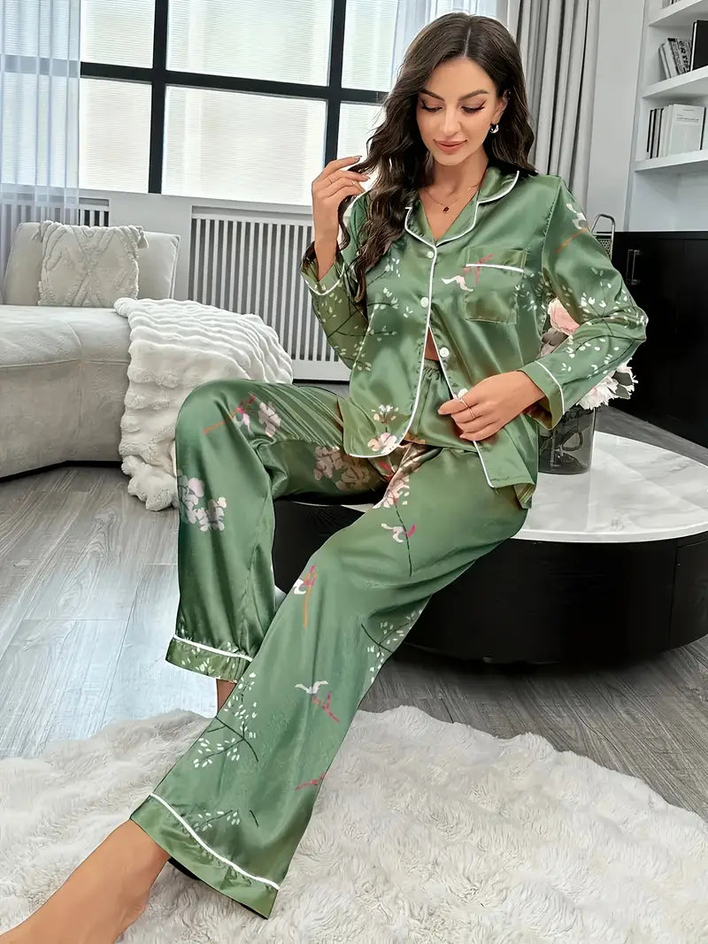 Comfortable Green Floral Satin Pajama Set for Women – All-Season Loungewear