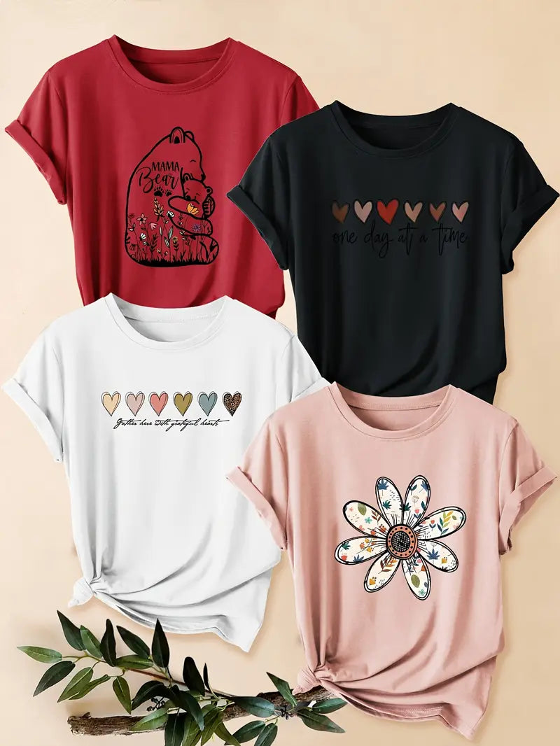4pcs Women's - Daisy Print T-Shirts