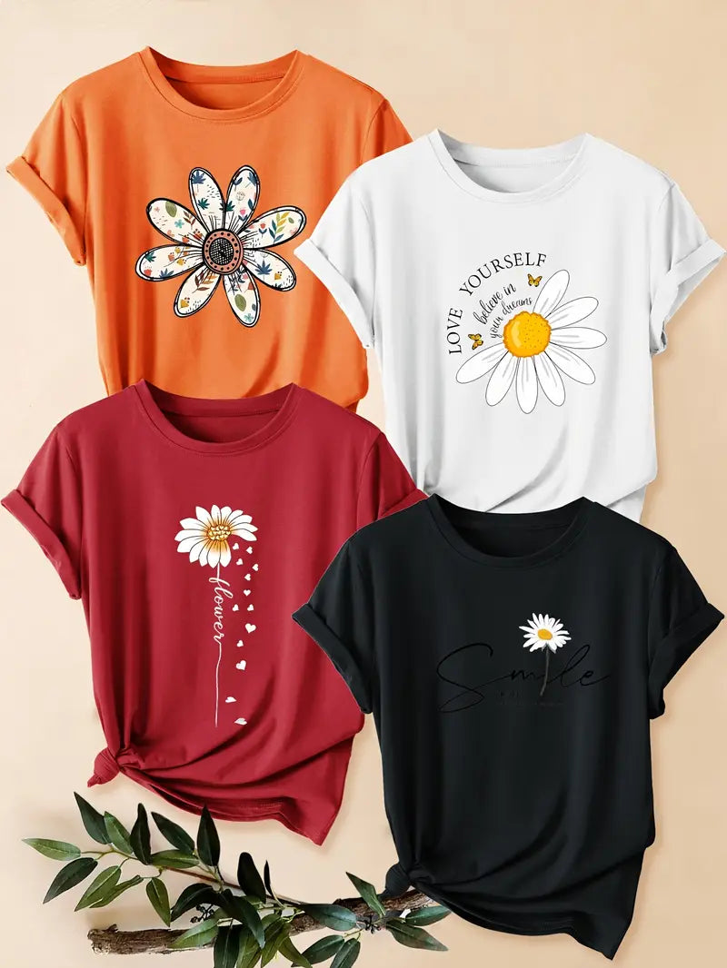 4pcs Women's - Daisy Print T-Shirts