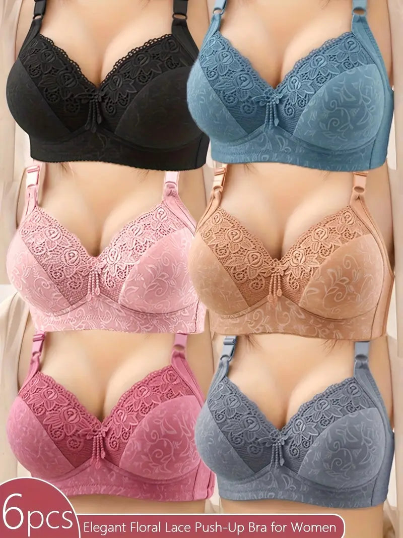6pcs Women's Floral Lace Push-Up Bras(pack of 6)