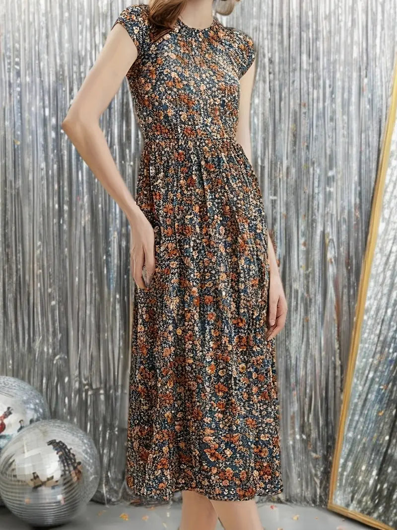 Sunlit Grace – Elegant Floral Woven Midi Dress