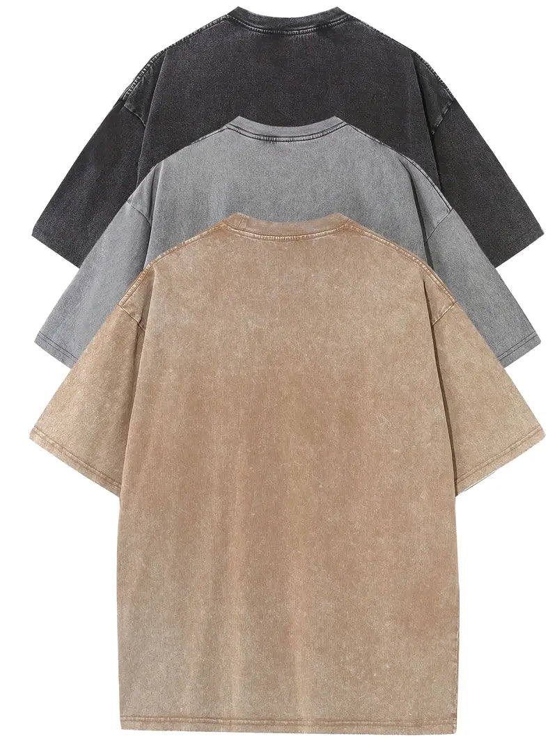3pcs Men's 100% Cotton 240gsm Vintage Washed Relaxed Fit T-Shirts