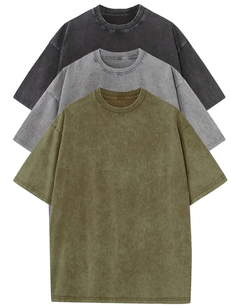 3pcs Men's 100% Cotton 240gsm Vintage Washed Relaxed Fit T-Shirts