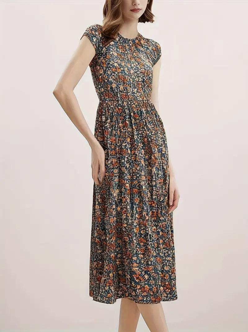 Sunlit Grace – Elegant Floral Woven Midi Dress