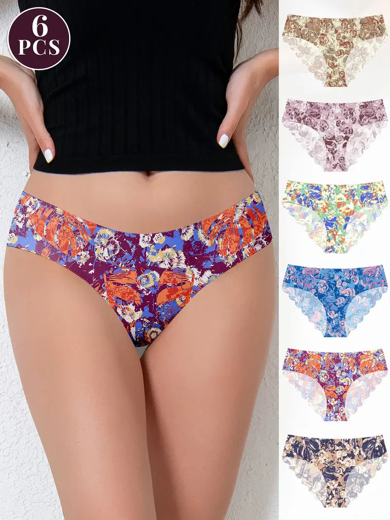 6-Pack Seamless Scallop Trim Panties: Floral & Solid Briefs