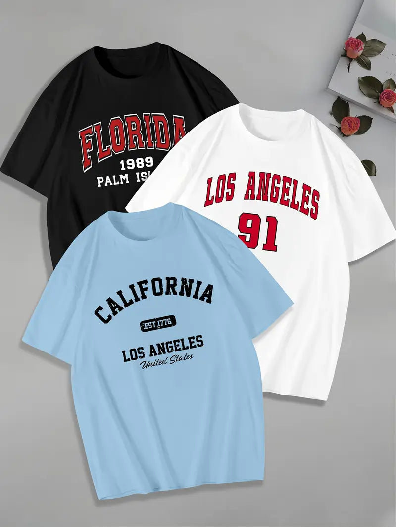 3-Pack Men's College-Style Graphic Tees – Florida, LA & California Print Crewnecks (Black, White, Green)