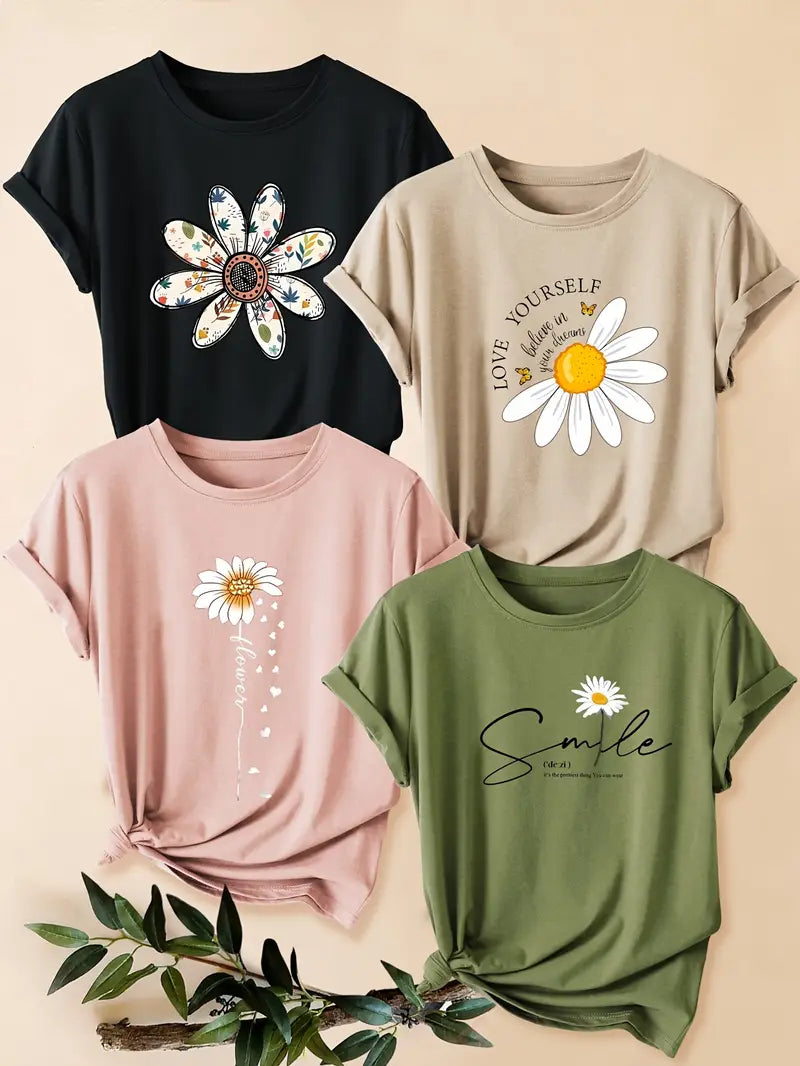 4pcs Women's - Daisy Print T-Shirts