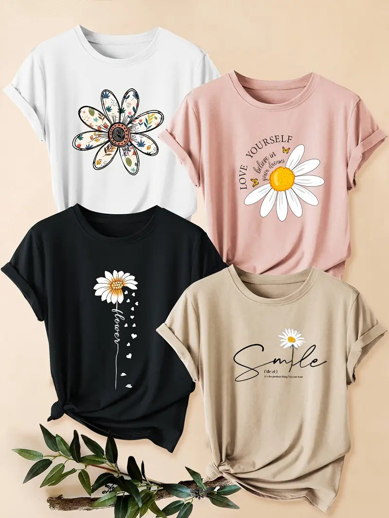4pcs Women's - Daisy Print T-Shirts