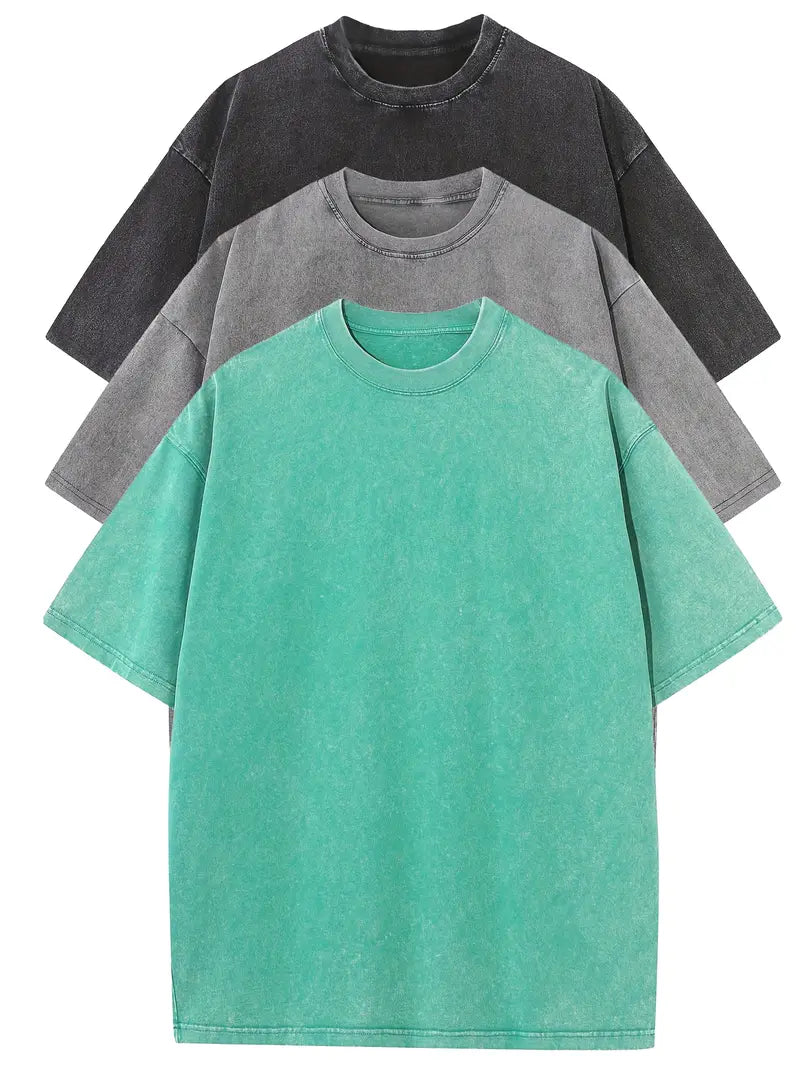 3pcs Men's 100% Cotton 240gsm Vintage Washed Relaxed Fit T-Shirts