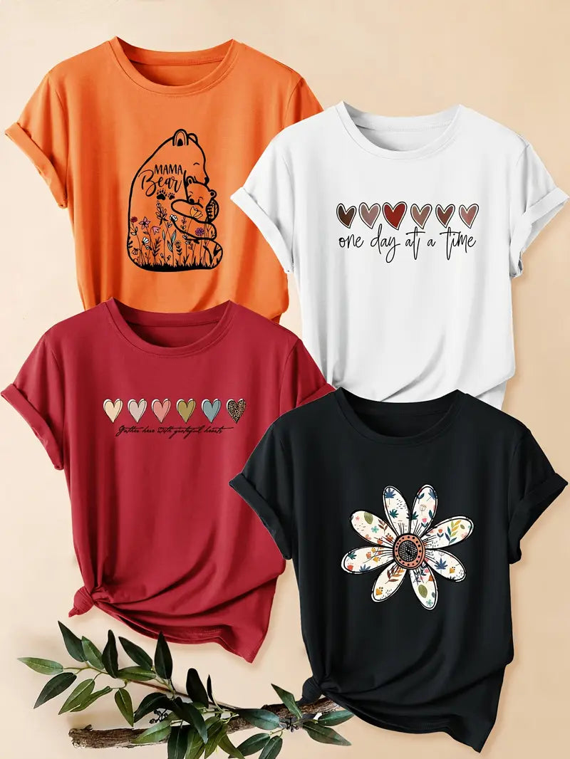 4pcs Women's - Daisy Print T-Shirts