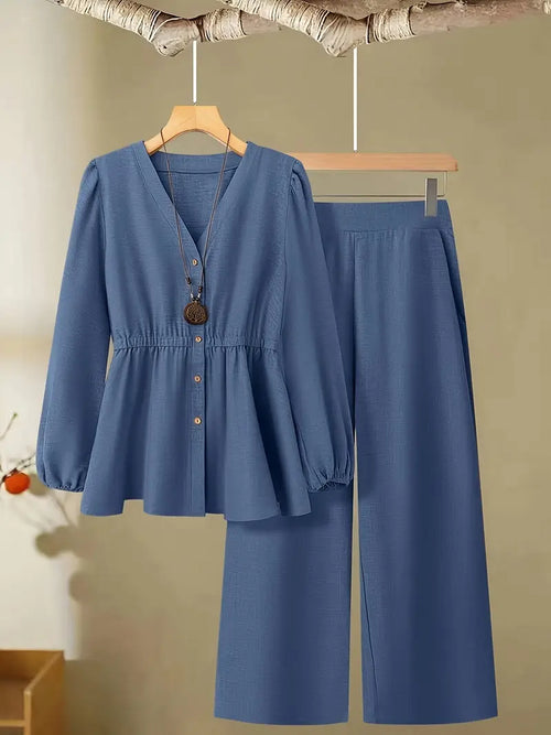 2-Piece Plus Size Casual Set – Solid Long Sleeve Top and Pants