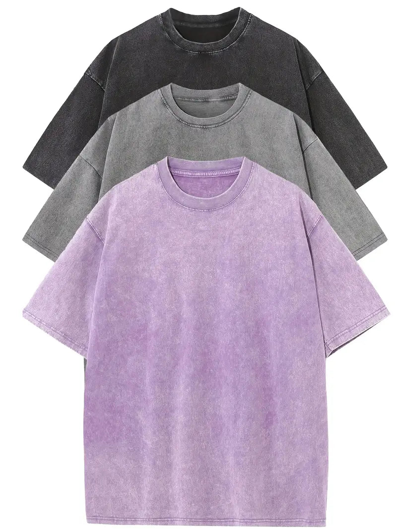 3pcs Men's 100% Cotton 240gsm Vintage Washed Relaxed Fit T-Shirts