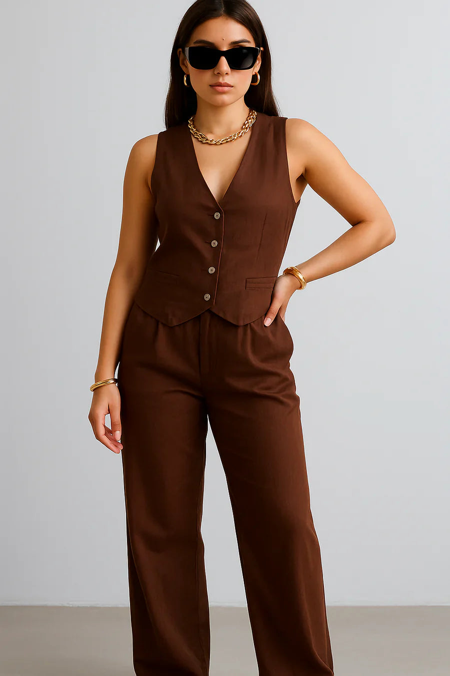 Alia Bhat Muse Chocolate Co-Linen Vest Coat & Trousers